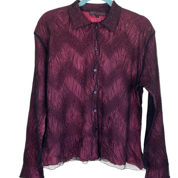 Pleats Collection Sz XL Burgundy & Black Mesh Overlay Crinkle Blouse Shirt - Picture 1 of 16
